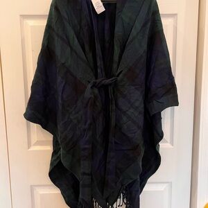 Lands' End women’s poncho belted one size checkered green blue color NWOT